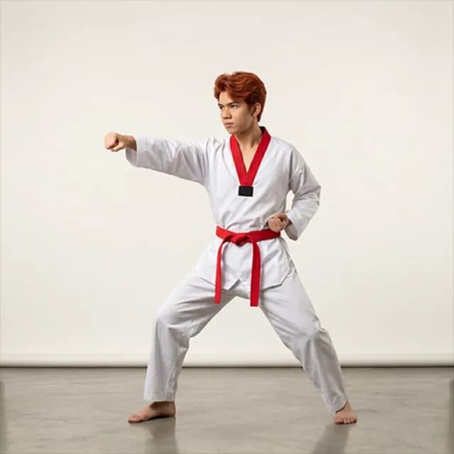 Taekwondo instructor with red hair in a white dobok and red belt holding a front-stance punch