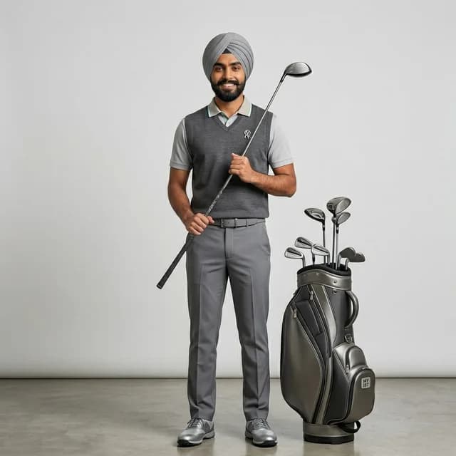 Golf coach in a grey sweater vest and turban holding a driver beside a full golf bag