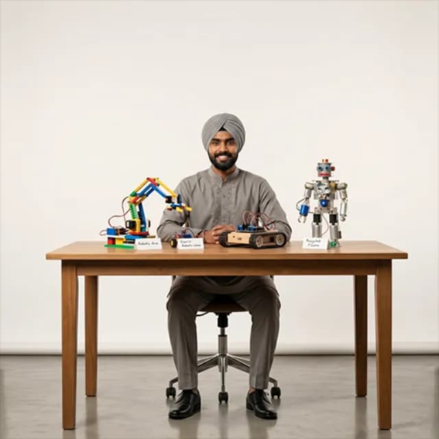 Robotics coach in a grey kurta and turban seated at a workbench with a robotic arm, a wheeled robot and a humanoid robot built from recycled parts