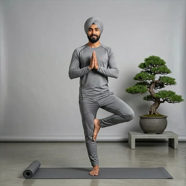 Yoga instructor in a grey tracksuit and turban holding tree pose on a mat, beside a bonsai tree