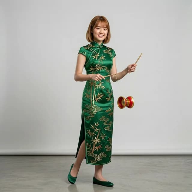 Diabolo teacher in a green cheongsam spinning a Chinese yo-yo