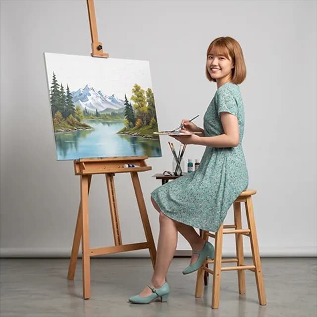 Painting teacher in a floral dress seated at an easel, working on a mountain-and-lake landscape, with brushes and paint tubes nearby