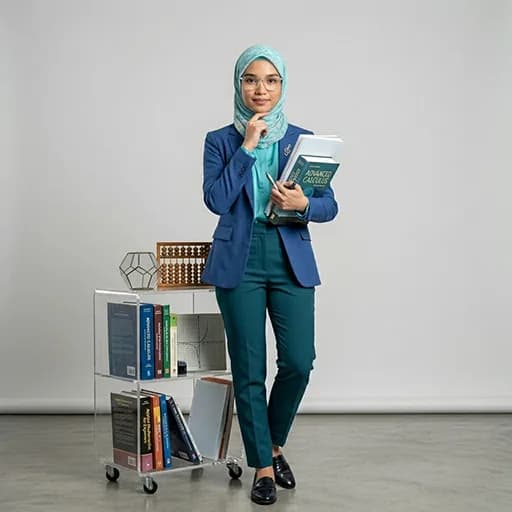 Maths tutor in a teal hijab and blue blazer holding Advanced Calculus textbooks beside a cart of maths books and an abacus