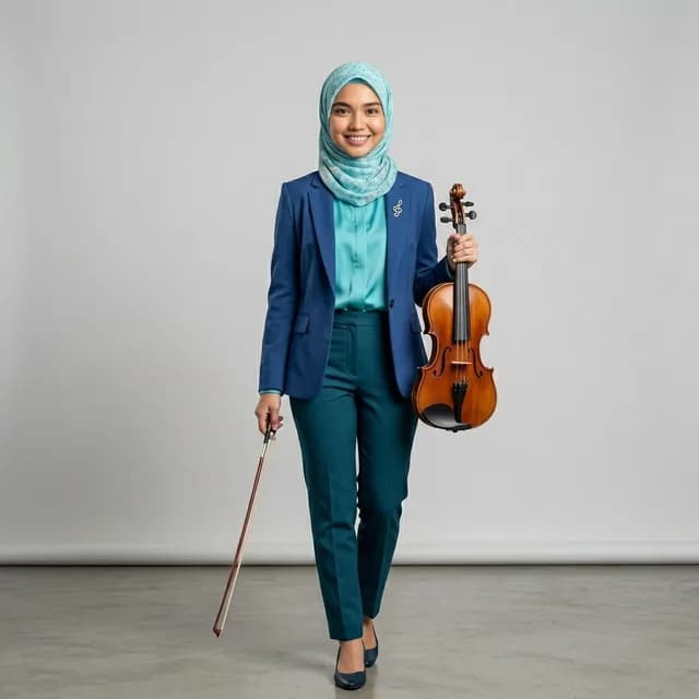Violin teacher in a blue blazer and hijab holding a violin and bow