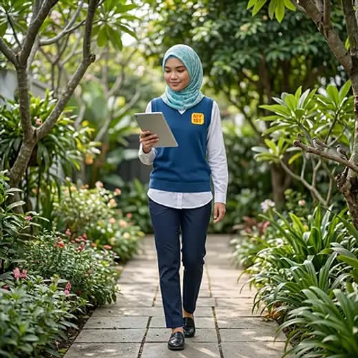 A MY1ST educator walking through a garden with a tablet, running her teaching business on the move