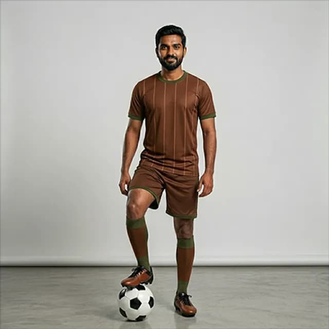 Football coach in a brown kit with his boot resting on a ball
