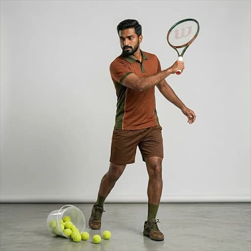 Tennis coach in a rust polo and brown shorts mid-swing with a racket, beside a tipped bucket of tennis balls