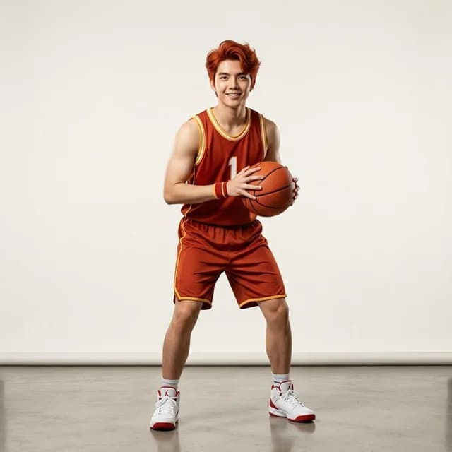 Basketball coach in a rust jersey holding a ball